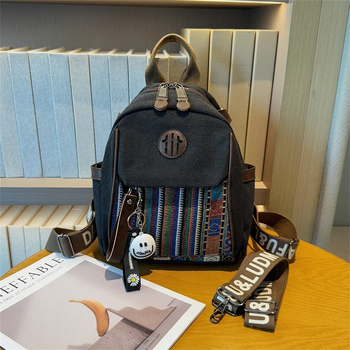 Oxford anyagú hímzett hátizsák keresztpánttal, retro etnikus stílusú, többfunkciós utazó hátizsák, cipzáras zárás, rejtett zseb, belső zseb, kopásálló