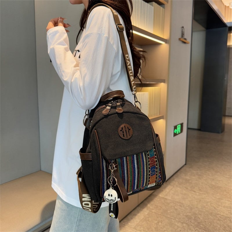 Oxford anyagú hímzett hátizsák keresztpánttal, retro etnikus stílusú, többfunkciós utazó hátizsák, cipzáras zárás, rejtett zseb, belső zseb, kopásálló