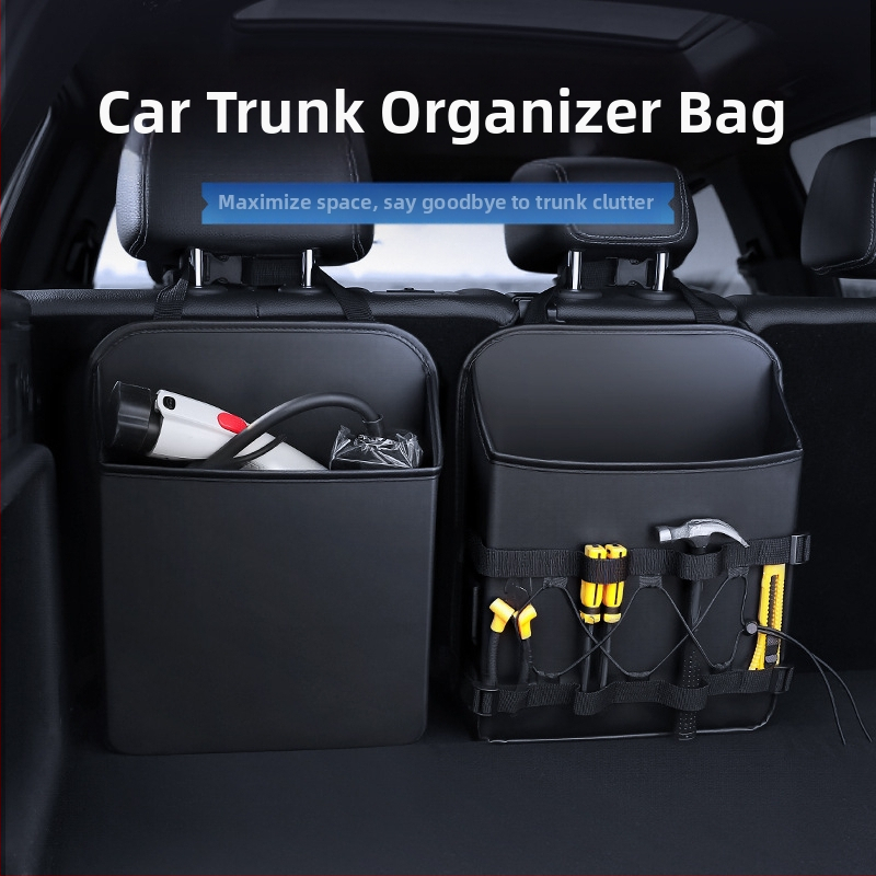 Kožená zavesná skrinka do batožinového priestoru auta, kapacita 9000 ml, upevnenie na operadle sedadla, vodotesná, odolná namáhaniu, s potlačou loga a s držiakom.