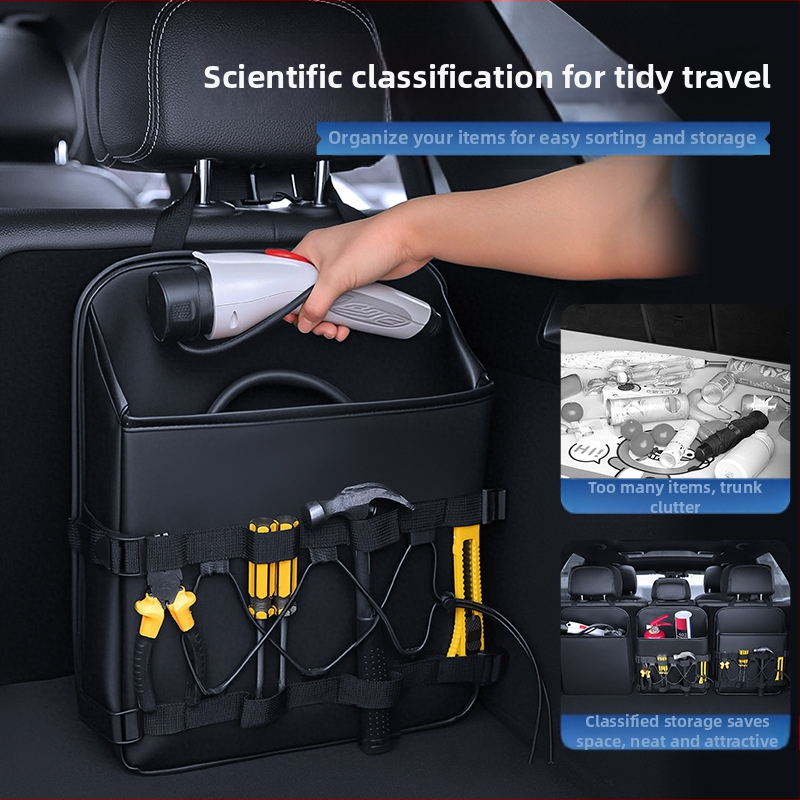 Kožená zavesná skrinka do batožinového priestoru auta, kapacita 9000 ml, upevnenie na operadle sedadla, vodotesná, odolná namáhaniu, s potlačou loga a s držiakom.