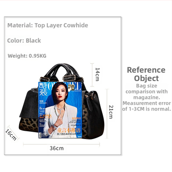 Taška z pravej kože s leopardím vzorom, Boston štýl, trojdimenzionálny vonkajšok, horizontálny štvorcový tvar so zipsom, vnútorné vrecko na mobilný telefón, jesenná verzia 2024