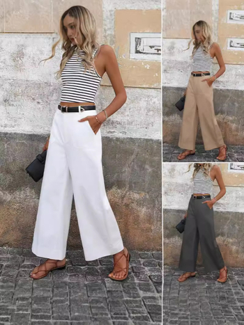 Ženske hlače visokog struka i širokih nogavica, džepovi, poliester, jesen 2024