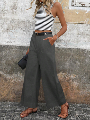 Дамски панталони с висока талия и широки крачоли, джобове, полиестер, есен 2024