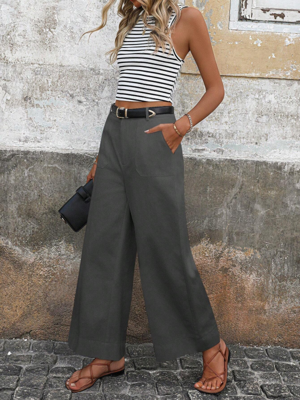 Ženske hlače visokog struka i širokih nogavica, džepovi, poliester, jesen 2024