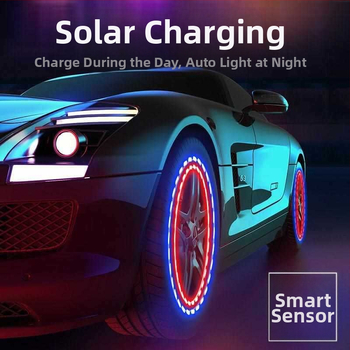 Saulės energijos LED lemputė automobilių ratų hub dangteliui, daugiaspalviu mirksėjimu ir logotipo kontūru