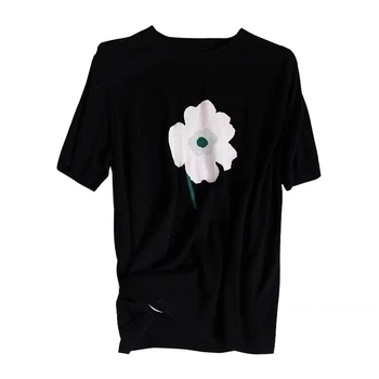 Pleteni džemper s jacquardom s cvjetnim uzorkom, okrugli vrat, dugi rukavi, labav kroj, tkanina od poliestera