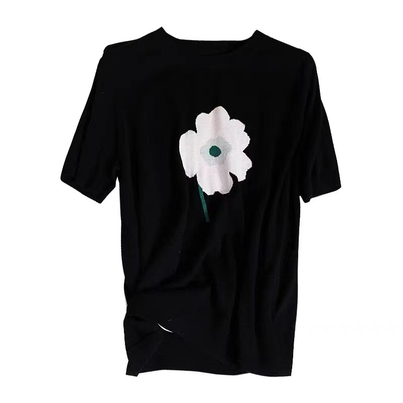 Pleteni džemper s jacquardom s cvjetnim uzorkom, okrugli vrat, dugi rukavi, labav kroj, tkanina od poliestera