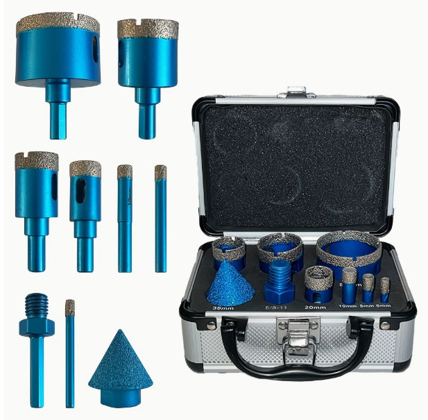 9-частен комплект диамантени боркорони с алуминиев калъф за пробиване на дупки в плочки, мрамор и гранит