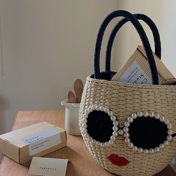 Чанта-кофа от слама, уличен стил, с двойни презрамки, с открит горен край, за свободно време