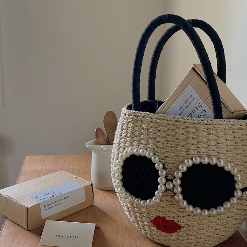 Чанта-кофа от слама, уличен стил, с двойни презрамки, с открит горен край, за свободно време