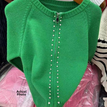 Dámsky kardigán so zipsom, krátka dĺžka, pletený materiál z polyesteru a akrylu, voľný strih, dlhé rukávy