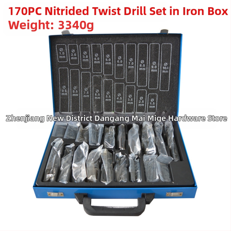 170 части комплект HSS нитридно обработени спирални свредла в метална кутия