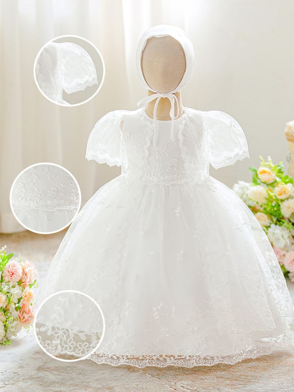 Dječja krstna haljina s čipkom i vezom, satenski trodijelni set, tkanina od poliestersko-bavlovine smjese (65% poliester, 35% pamuk), podstava od pamuka