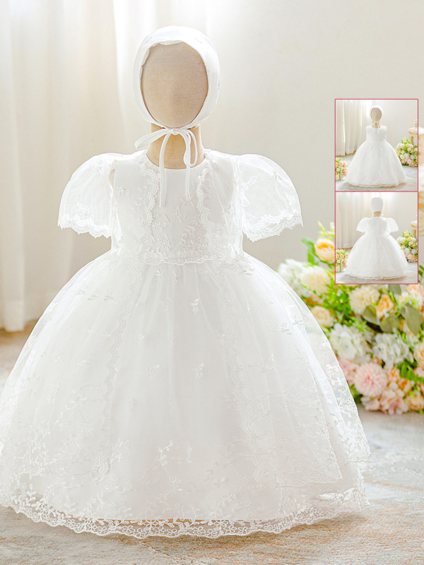 Dječja krstna haljina s čipkom i vezom, satenski trodijelni set, tkanina od poliestersko-bavlovine smjese (65% poliester, 35% pamuk), podstava od pamuka