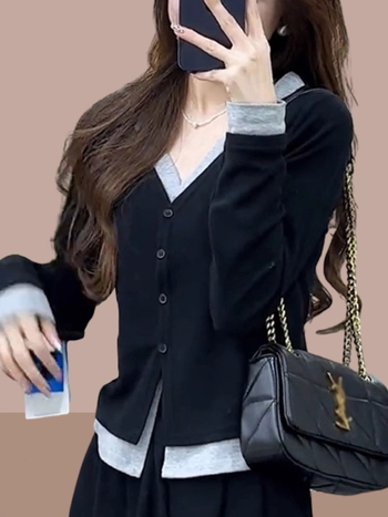 Moterų lieso kirpimo ilgos rankovės marškinėliai su V formos kaklu, dirbtinis dviejų dalių komplektas, poliesterio-elastano audinys