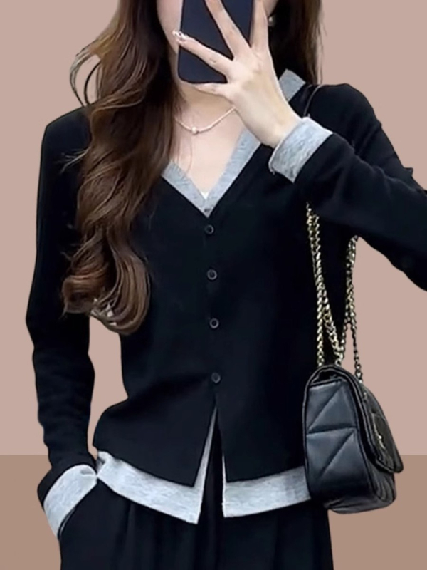 Moterų lieso kirpimo ilgos rankovės marškinėliai su V formos kaklu, dirbtinis dviejų dalių komplektas, poliesterio-elastano audinys