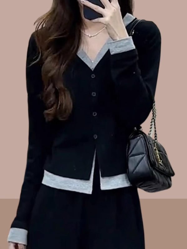 Moterų lieso kirpimo ilgos rankovės marškinėliai su V formos kaklu, dirbtinis dviejų dalių komplektas, poliesterio-elastano audinys