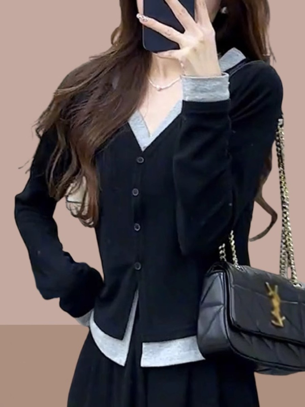 Moterų lieso kirpimo ilgos rankovės marškinėliai su V formos kaklu, dirbtinis dviejų dalių komplektas, poliesterio-elastano audinys