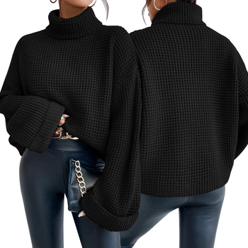 Ženski pleteni džemper s visokim ovratnikom i zvonastim rukavima — 90–95% poliester, dugi rukavi, labav kroj