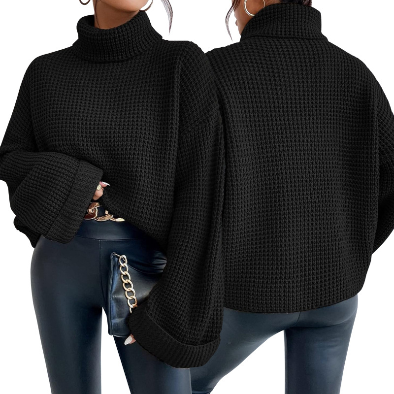 Ženski pleteni džemper s visokim ovratnikom i zvonastim rukavima — 90–95% poliester, dugi rukavi, labav kroj