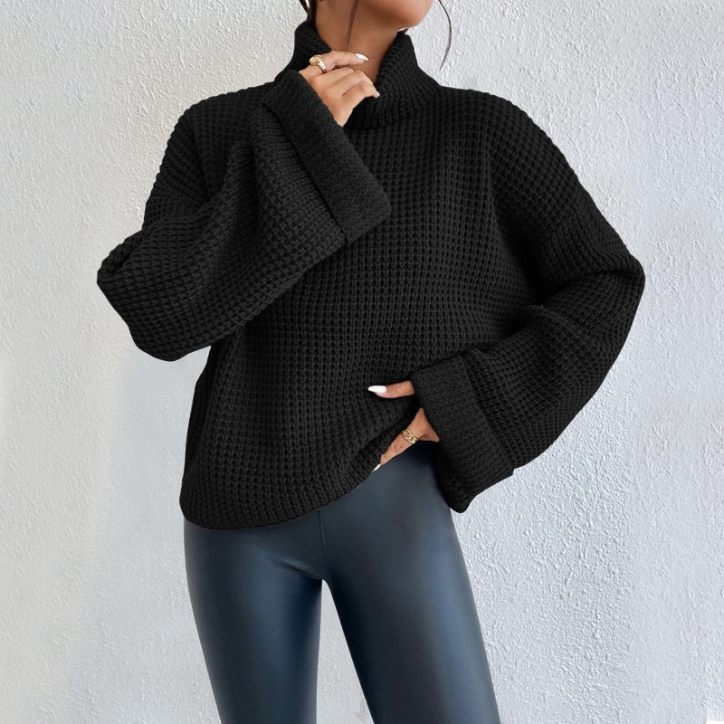 Ženski pleteni džemper s visokim ovratnikom i zvonastim rukavima — 90–95% poliester, dugi rukavi, labav kroj