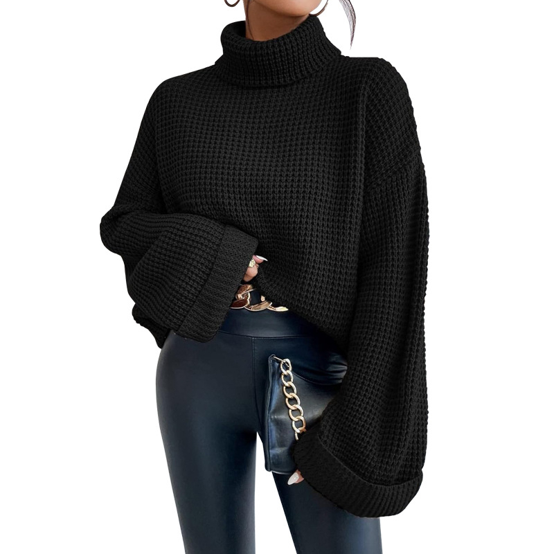 Ženski pleteni džemper s visokim ovratnikom i zvonastim rukavima — 90–95% poliester, dugi rukavi, labav kroj
