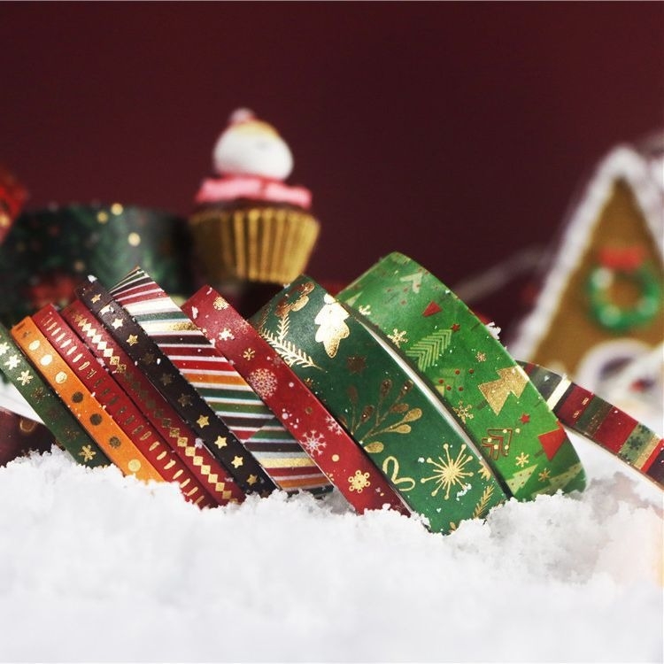 Kalėdinė washi juostelė dienoraščiui su DIY folijos štampavimu – popierio pagrindas, 5 m ilgio, dekoravimui