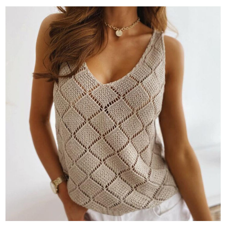 Dámske pletené vesty s V-krkom, bez rukávov, zmes bavlny-poliester, otvorený kvetinový vzor