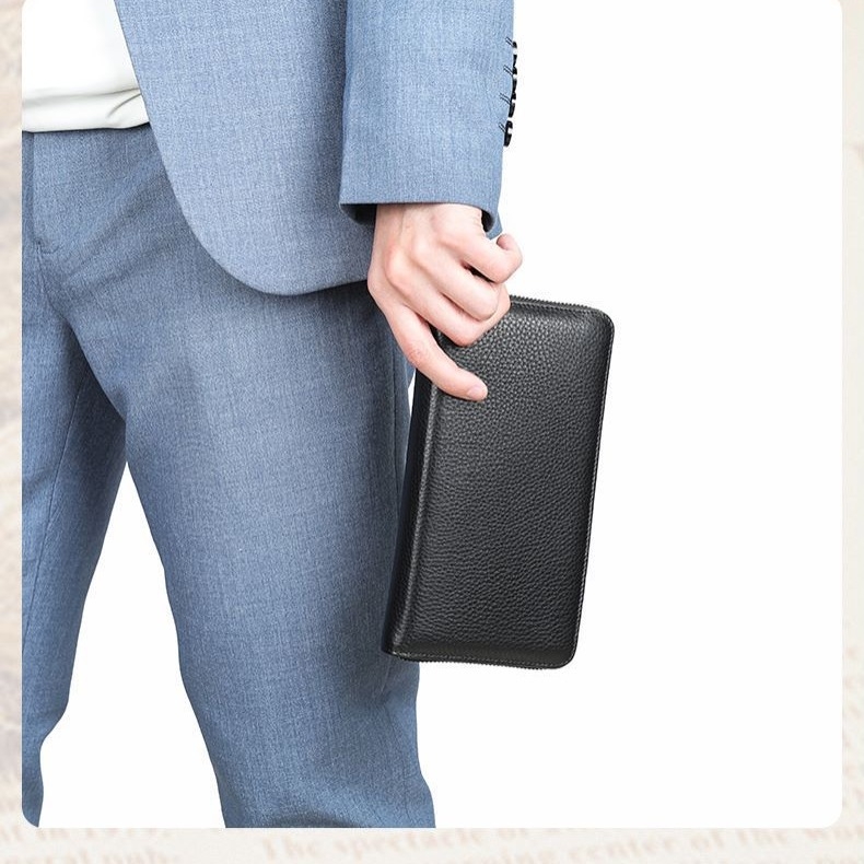 Meeste pikk nahast rahakott esimese kihiga veisnahkaga, kulumiskindel, mitmeotstarbeline disain, polüestervooder