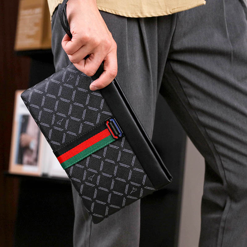 Pánska clutch taška – street trend štýl, PU materiál, kockovaný vzor, podšívka z polyesteru, vhodná na služobné cesty