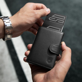 Kreditinių kortelių dėklas su ištraukiamu mechanizmu, vyriškas modelis, PU medžiaga, plėtimas ir anti-theft funkcija, 2024 m. ruduo, tinkamas namų saugojimui