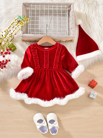 Детска рокля за момичета за празник: корейски велур с пухкав кант, едночастова рокля, дълги ръкави, полиестер 95%