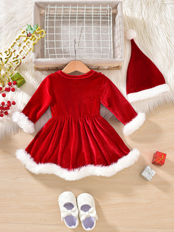 Βρεφικό φόρεμα για κορίτσια από κορεατικό βελούδο με γούνινο φινίρισμα, ενιαίο σχέδιο, μακριά μανίκια, 95% πολυεστέρας