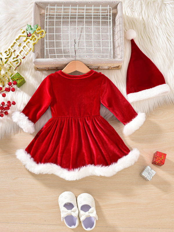 Haljica za bebe djevojčice od baršuna s krznenim detaljem, jednodjelna, dugi rukavi, 95% poliester