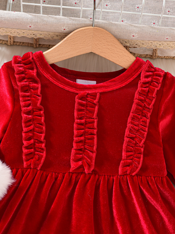 Haljica za bebe djevojčice od baršuna s krznenim detaljem, jednodjelna, dugi rukavi, 95% poliester