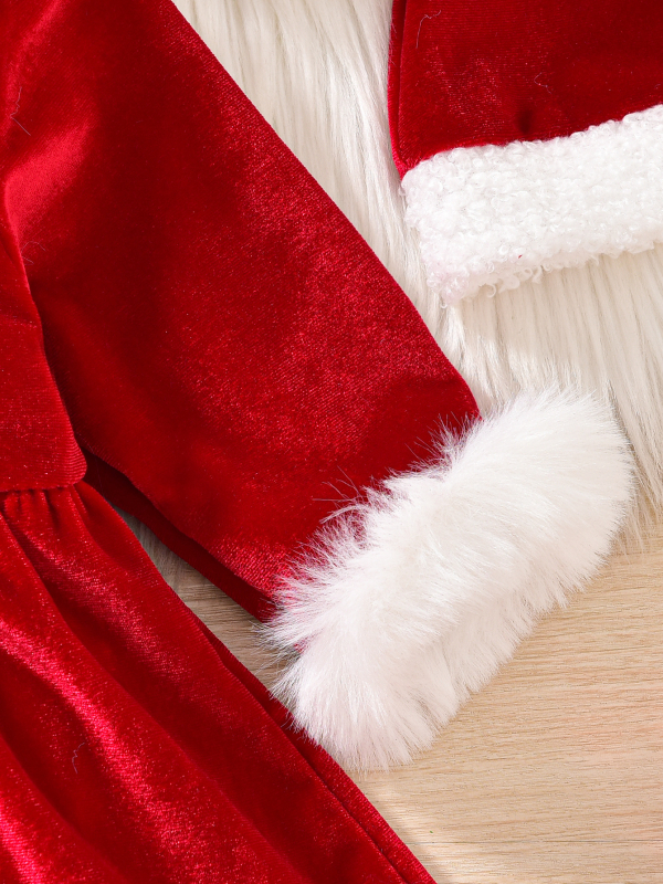 Haljica za bebe djevojčice od baršuna s krznenim detaljem, jednodjelna, dugi rukavi, 95% poliester