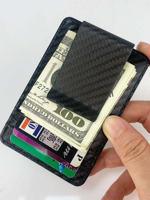 Kortelių dėklas – didelė talpa, lengvas, išplėtimas; PU + anglies pluoštas, languotas raštas, unisex verslo stilius