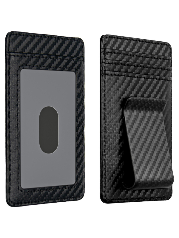 Kortelių dėklas – didelė talpa, lengvas, išplėtimas; PU + anglies pluoštas, languotas raštas, unisex verslo stilius