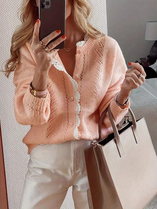 Дамски кардиган, акрил-полиестер смес, едноцветен трикотаж, кръгъл деколте, дълги ръкави, предно закопчаване с копчета, елегантен стил