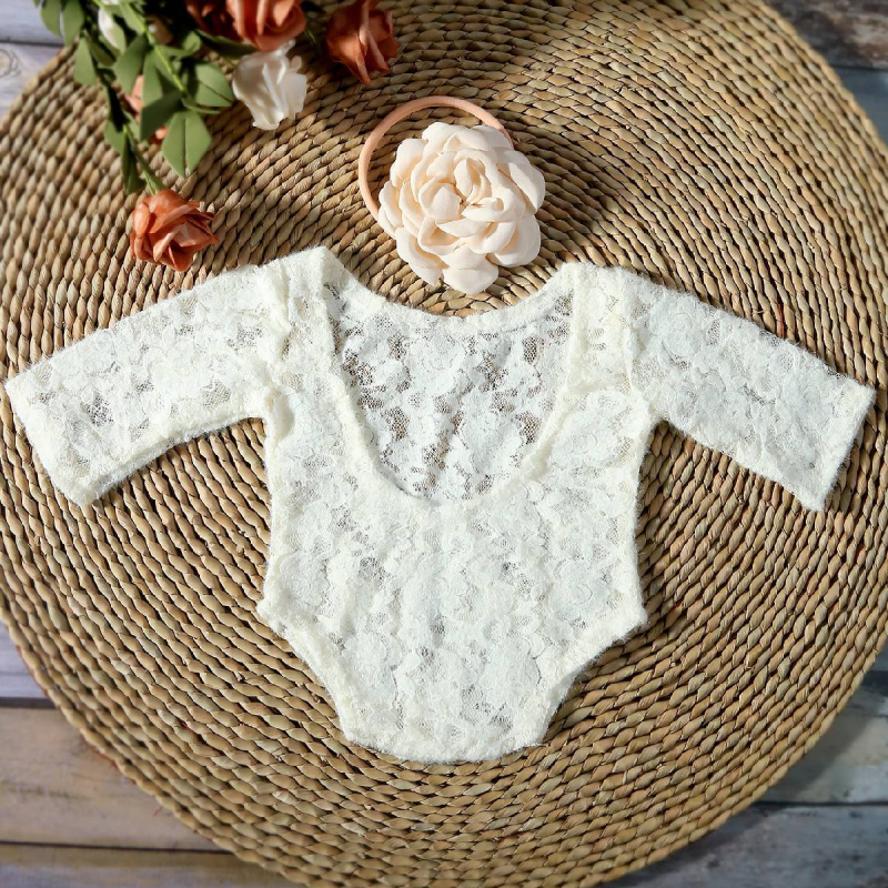 Σετ ρομπέρ νεογέννητου από δύο μέρη: δαντελένιο ρουμπέρ με μακριά μανίκια και κορδέλα για τα μαλλιά, 95% βαμβάκι