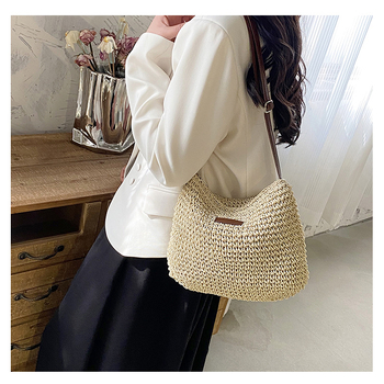 Pletena slamena crossbody torba, vertikalni kvadratni oblik, zatvarač na zip, poliester podstava, za svakodnevnu upotrebu