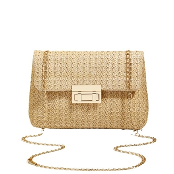 Torba preko ramena od slame u street-trend stilu, horizontalno kvadratni oblik, zaključavanje, poliester podstava, unutarnji džepovi za telefon i ID