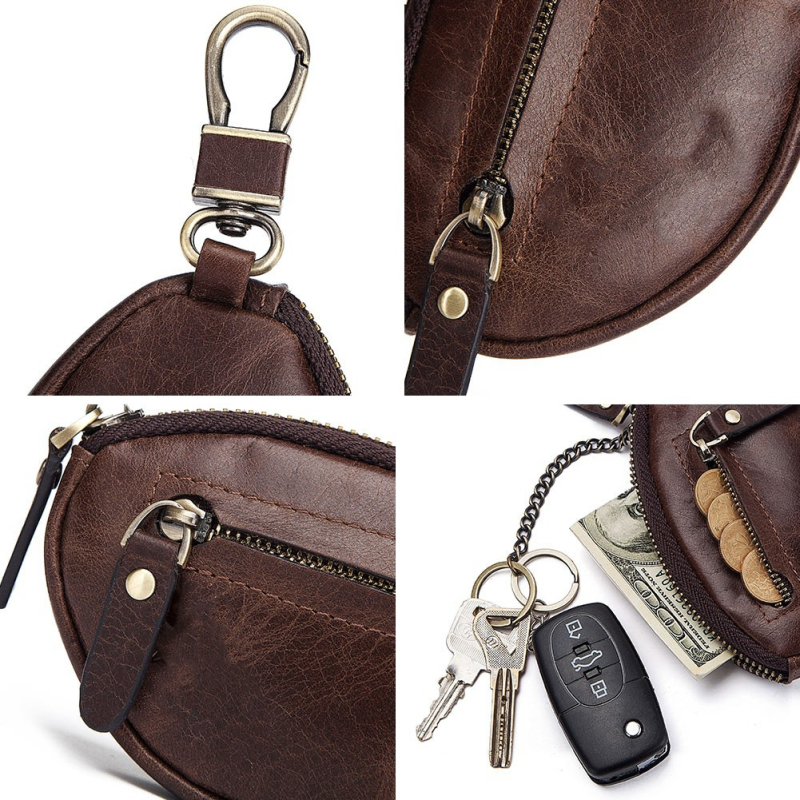 Pirmosios sluoksnio karvės odos raktų dėklas – Europos ir Amerikos retro stiliaus, užtrauktukas, monetų kišenė, tinka automobilių ir namų raktams, kvėpuojantis ir ypač lengvas