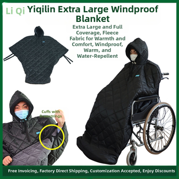 Suaugusiųjų vežimėlių šilta antklodė su vėjo atbaidymo apsauga; pagaminta iš poliesterio pluošto; apsaugos dalys: juosmuo, blauzda, pečiai, keliai, čiurnos