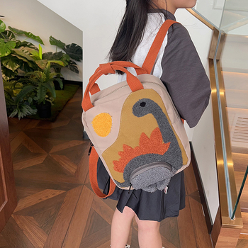 Rucsac canvas unisex, curele curbate ergonomice, motiv cu dinozauri, potrivit pentru grădiniță, primăvara 2024