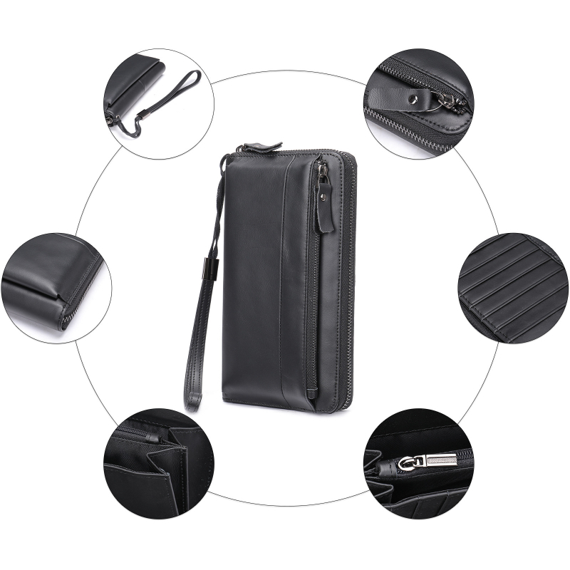 Мъжки дълъг кожен портфейл — горен слой кожа, 1 сгъвка; подплата полиестер-памук; устойчив на износване, защита от кражба.