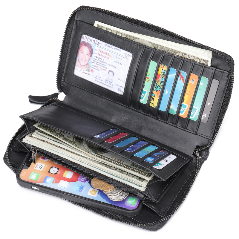 Мъжки дълъг кожен портфейл — горен слой кожа, 1 сгъвка; подплата полиестер-памук; устойчив на износване, защита от кражба.