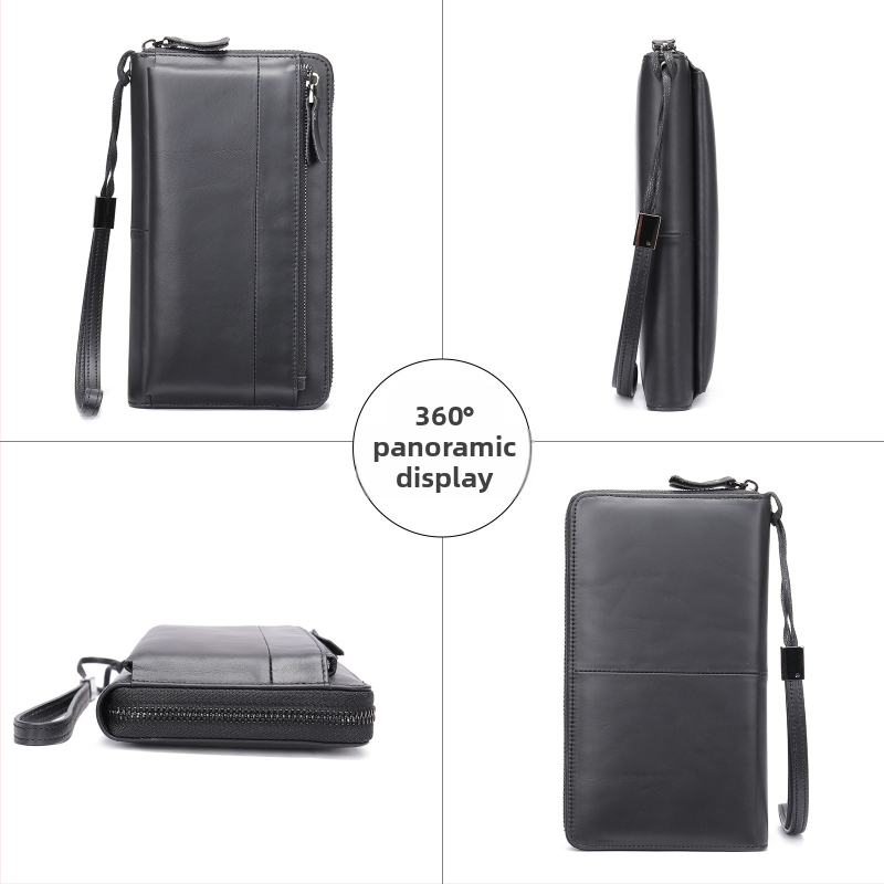 Pánska dlhá kožená peňaženka — vrchná vrstva hovädzej kože, 1 sklad, podšívka z polyesteru a bavlny; odolná voči opotrebeniu, rozšíriteľná, ochrana proti krádeži