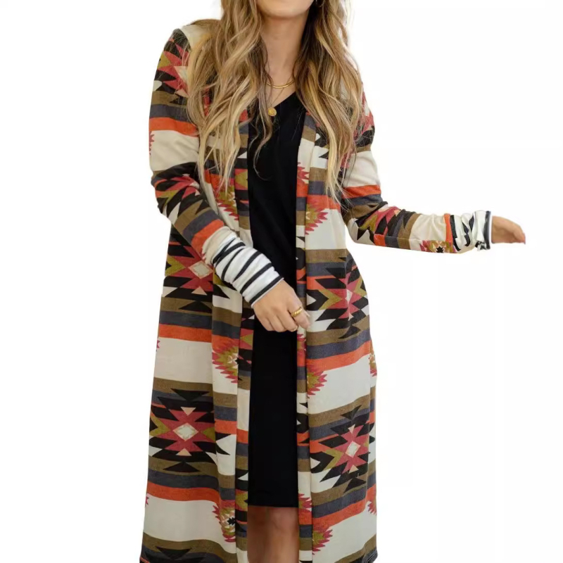 Női kötött kardigán laza fazon, hosszú ujjak, gallér nélküli, hosszú fazon 80–100 cm, poliészter 95%+