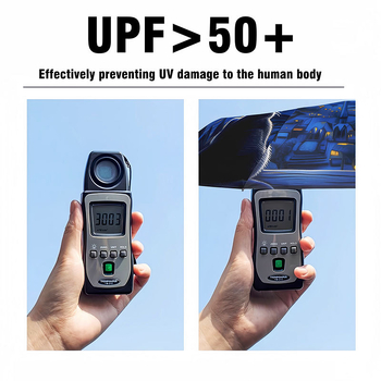 Umbrelă pliabilă trei secțiuni, protecție UV UPF50+, cadru din fibră cu 8 spițe, imprimeu cu pisică, pentru adulți, deschidere închidere manuală, mâner din plastic